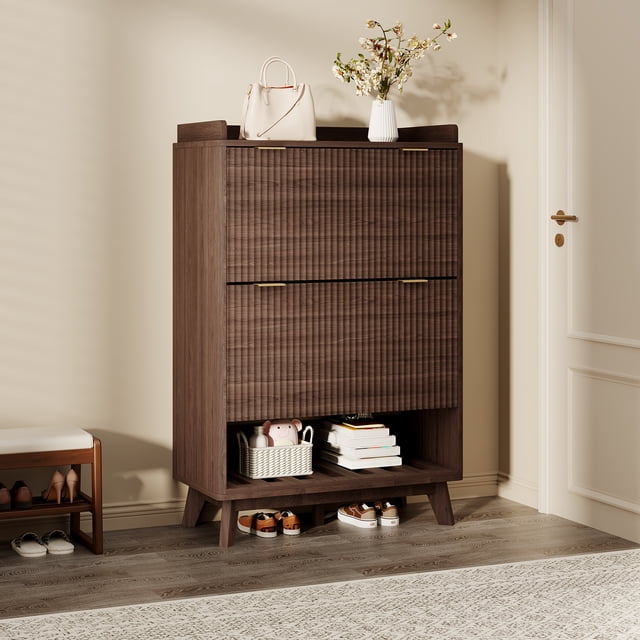 Yiwa Armoire à Chaussures Mince Cannelée de 48 Pouces, Rangement d'Entrée à Profil Courbé avec 2 Tiroirs Rabattables, Tablettes Ajustables et Tablette de Base Ouverte