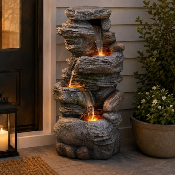 Teamson Home 39.37-Inch Outdoor Water Fountain, 4-Tier Faux Stacked Stone Waterfall with Warm LED Lights and Adjustable 600 L/H Pump, Gray