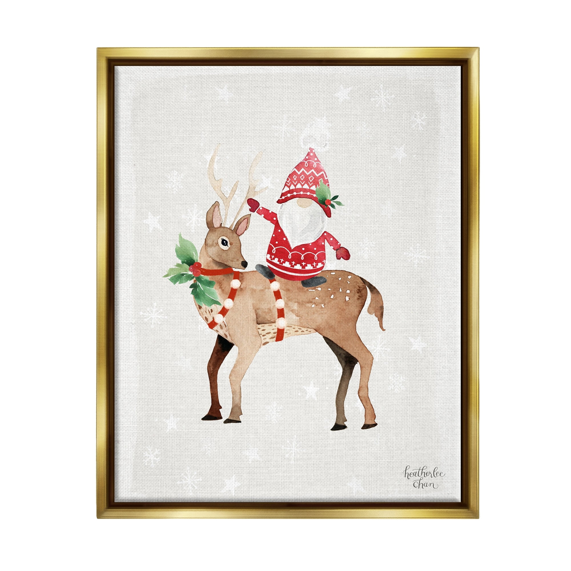 Stupell Industries Santa Claus Gnome Reindeer Holiday Patterned Stars Painting Metallic Gold Floating Framed Canvas Print Wall Art, Design by Heatherlee Chan
