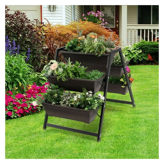 Vertical Garden Bed 3-Tier - Raised Plant Boxes for Outdoors, Patio, Balcony - Metal Frame, 5 Planter Boxes - Black/Brown