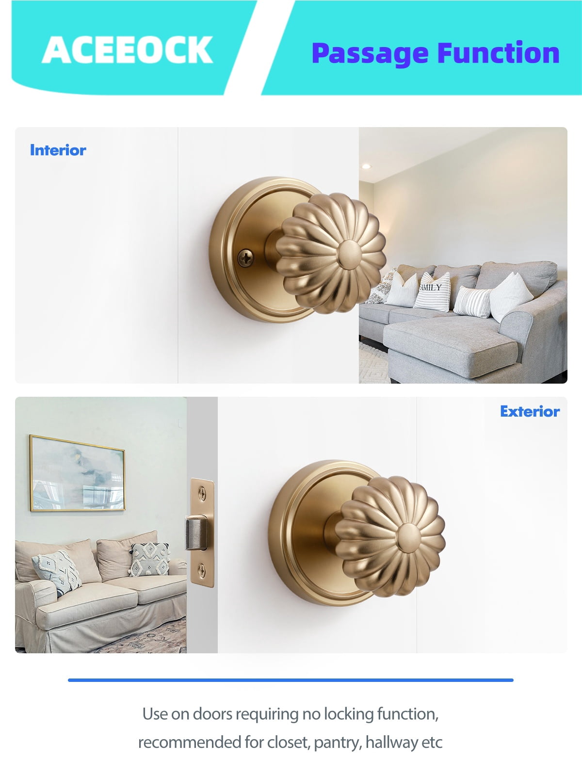 ACEEOCK Champagne Bronze Passage Door Knob, Interior Kitchen Pantry Door Handle Hallway Closet Doorknob, Aluminium Alloy Knob