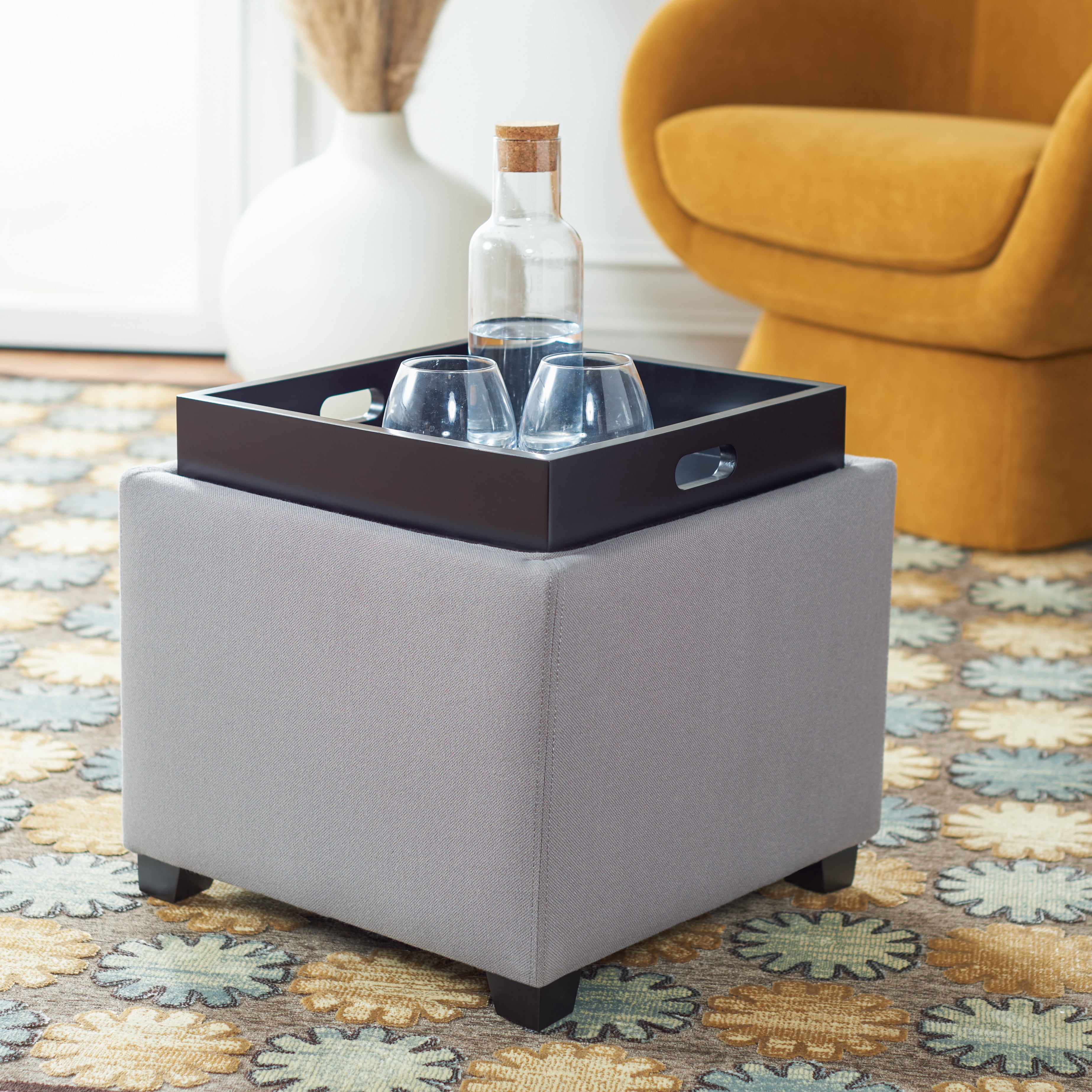 SAFAVIEH Harrison Rustic Glam Single Tray Storage Ottoman, Sea Mist