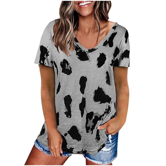 PMVFHDE Womens Tops Short Sleeve Raglan T Shirt With Leopard Print O Neck Summer Blouse