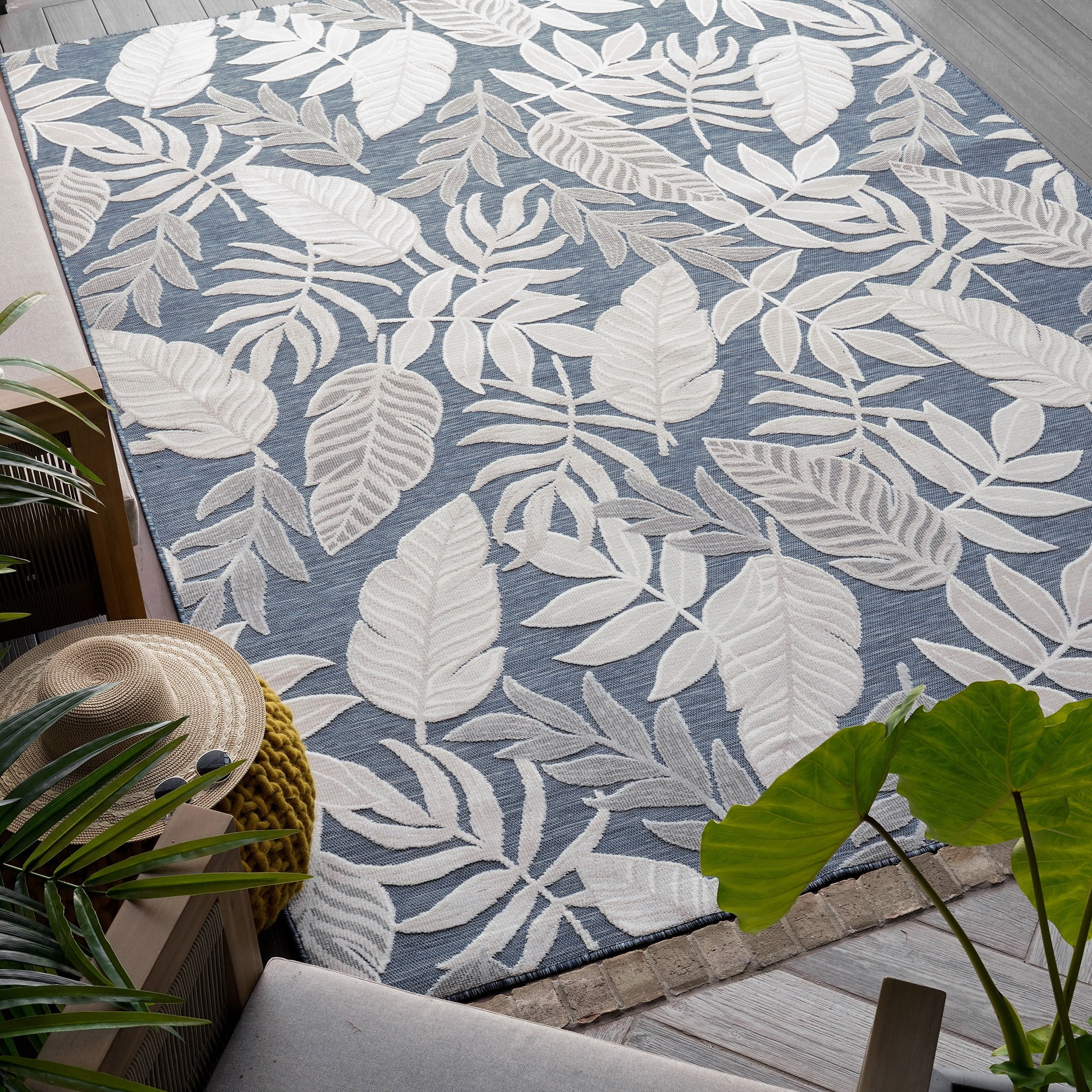 5x7 Water Resistant, Indoor Outdoor Rugs for Patios, Front Door Entry, Entryway, Deck, Porch, Balcony | Outside Area Rug for Patio | Dark Blue, Floral | Size: 5'1'' x 7'3''