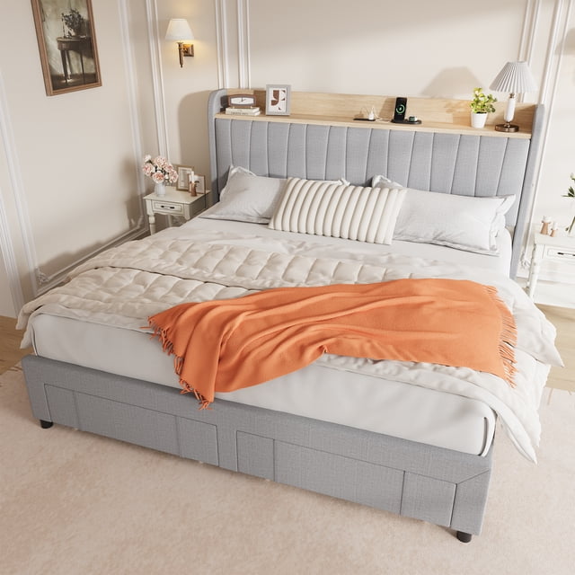 King Size Upholstered Platform Bed Frame with Storage Headboard – Charging Station (2 USB & AC), Drawers, Heavy Duty – Noise-Free, No Box Spring Needed, Easy Assembly – KING-light gray