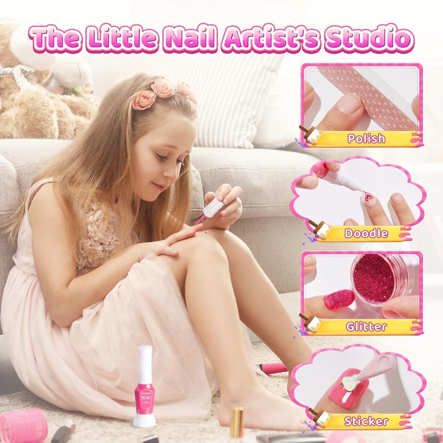 Kids Nail Polish Kit with Nail Dryer, 69PCs Nail Art Makeup Toy Set for Kids, Birthday Presents for 7 8 9 10 11 12 Year Old Kids Party Cosmetic, Nails Pen Manicure Toddler Stuff