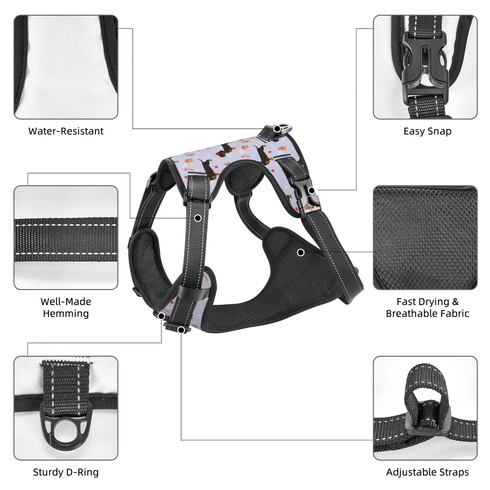 Kdxio Dachshund Dog Print No Pull Dog Harness Adjustable Reflective Oxford Easy Control Medium Large Dog Harness for Training and Everyday-