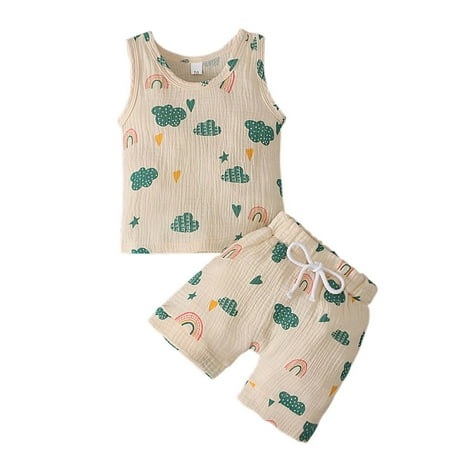 

Jerdar Summer Clothes Set for Kids Tank Top + Shorts Toddler Boys Girls Sleeveless Rainbow Cactus Print Two-piece Set Green 3-4 Years
