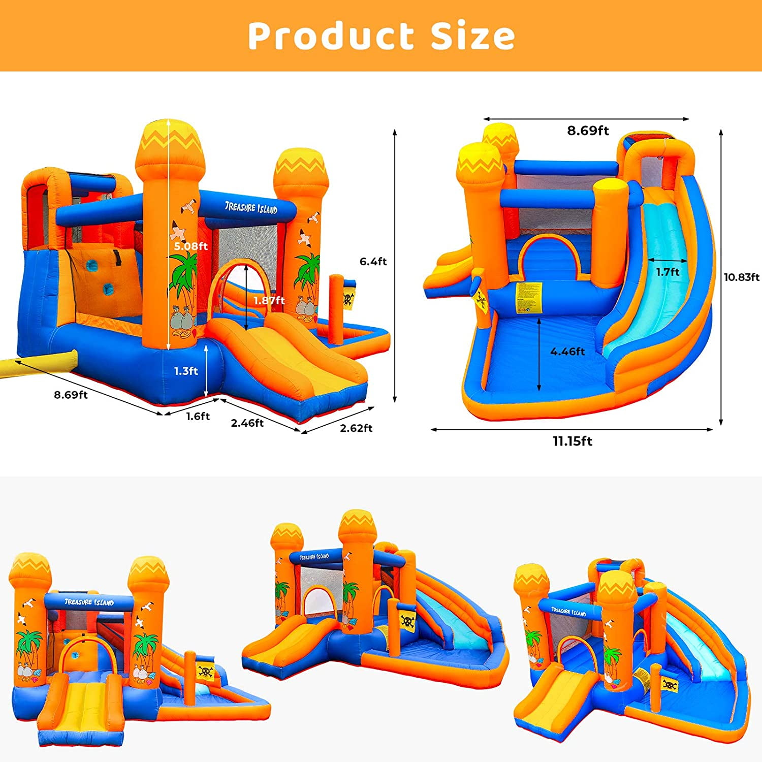 Pirecart Kids Inflatable Bounce House Backyard Water Slide Climbing Wall Splash Pool with Blower