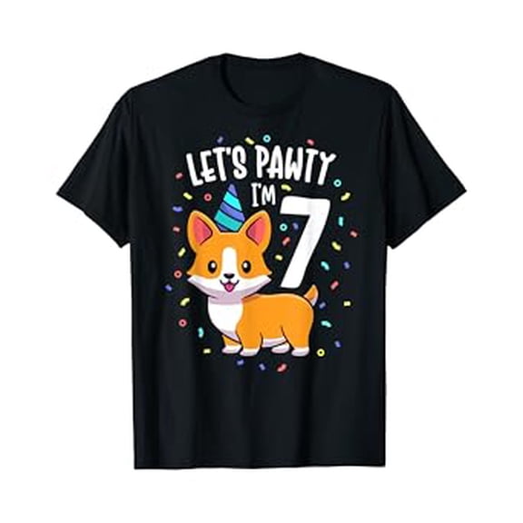 Cute Cartoon Corgi Dog Lover 7th Birthday Party T-Shirt Celebration Gift