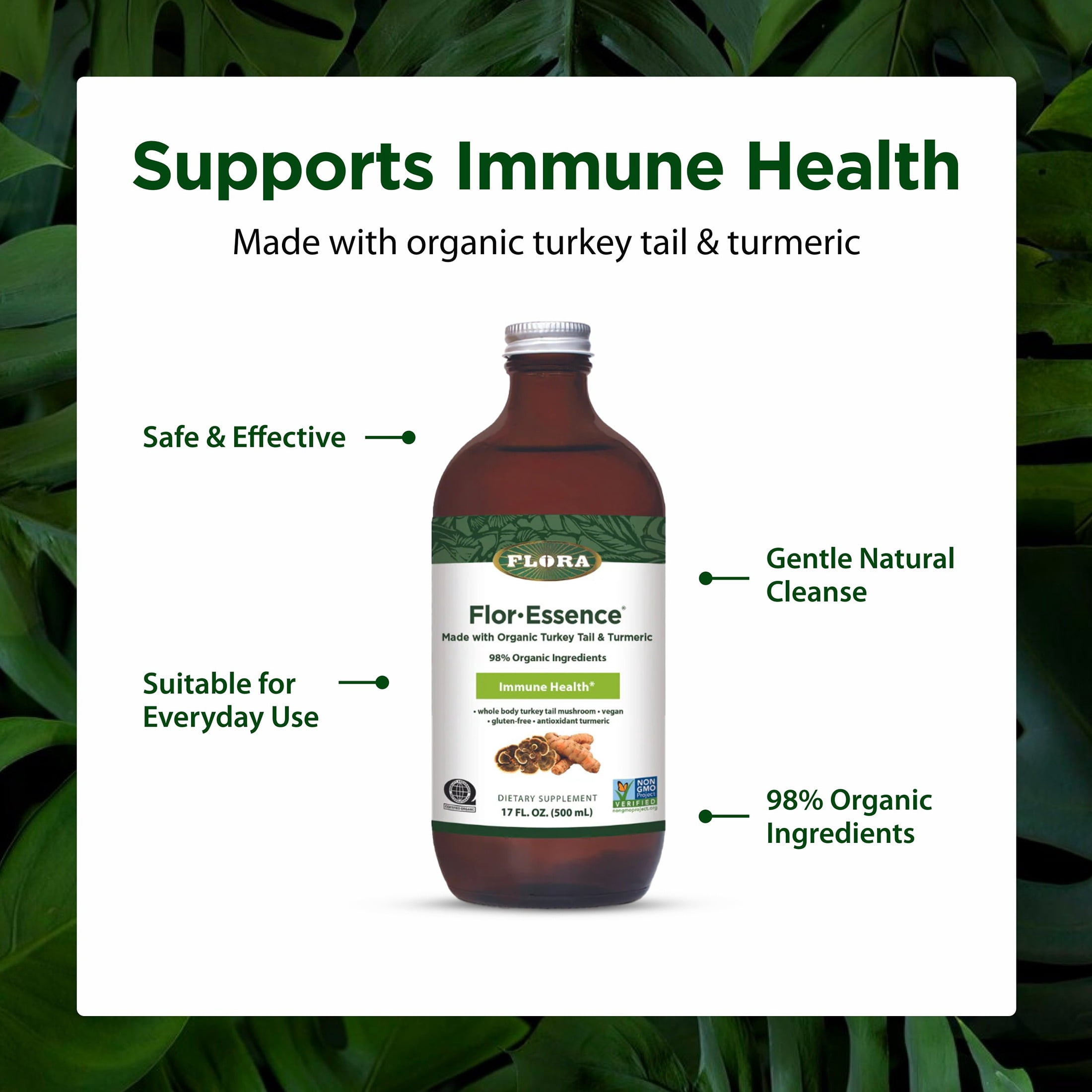 Flora Health Flor-Essence with Turkey Tail & Turmeric, Rich in Polysaccharides, 35+ Phenolic Compounds with Antioxidants and Immunity Support, 17-fl. oz. Glass Bottle