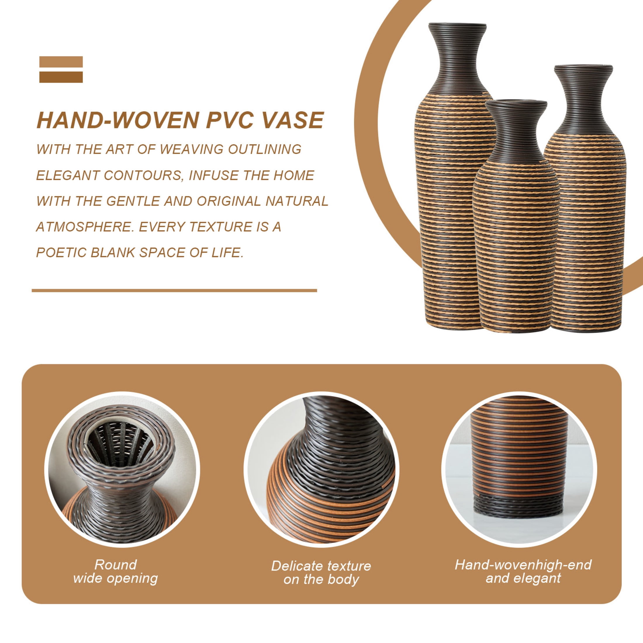 Noble House 19.69", 23.62", 27.56" PVC Floor Vase Set of 3, Hand-Woven Rattan-Like, Black + Beige