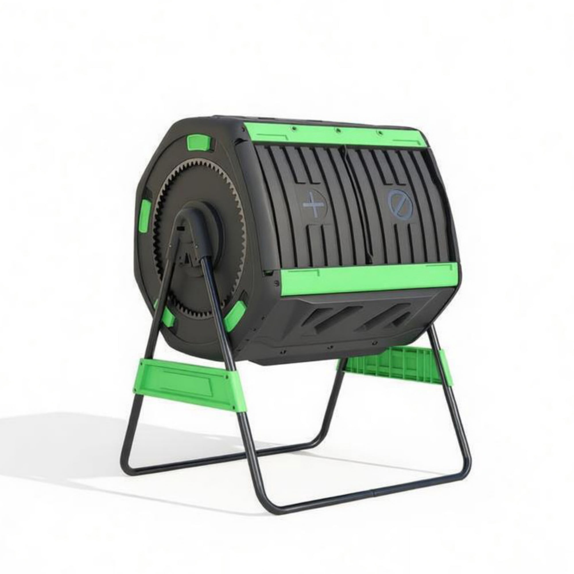 Dual Chamber Rotating Compost Tumbler with Elevated Metal Base, 360° Rotatable BPA-Free Compost Bin with Adjustable Vents for Backyard Garden