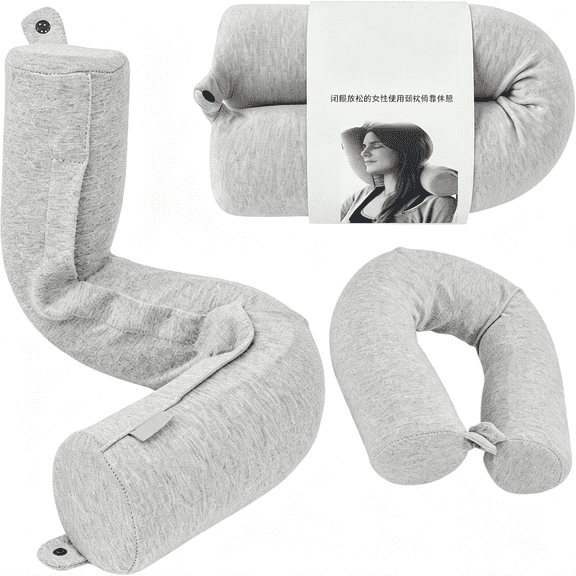 LQSEO Twist Memory Foam Travel Pillow, Bendable Neck Pillow for Airplane, Car and Home, 26-Inch Adjustable Roll with Washable Cotton Cover, Gray Bendable Support Neck Pillow for Sleeping