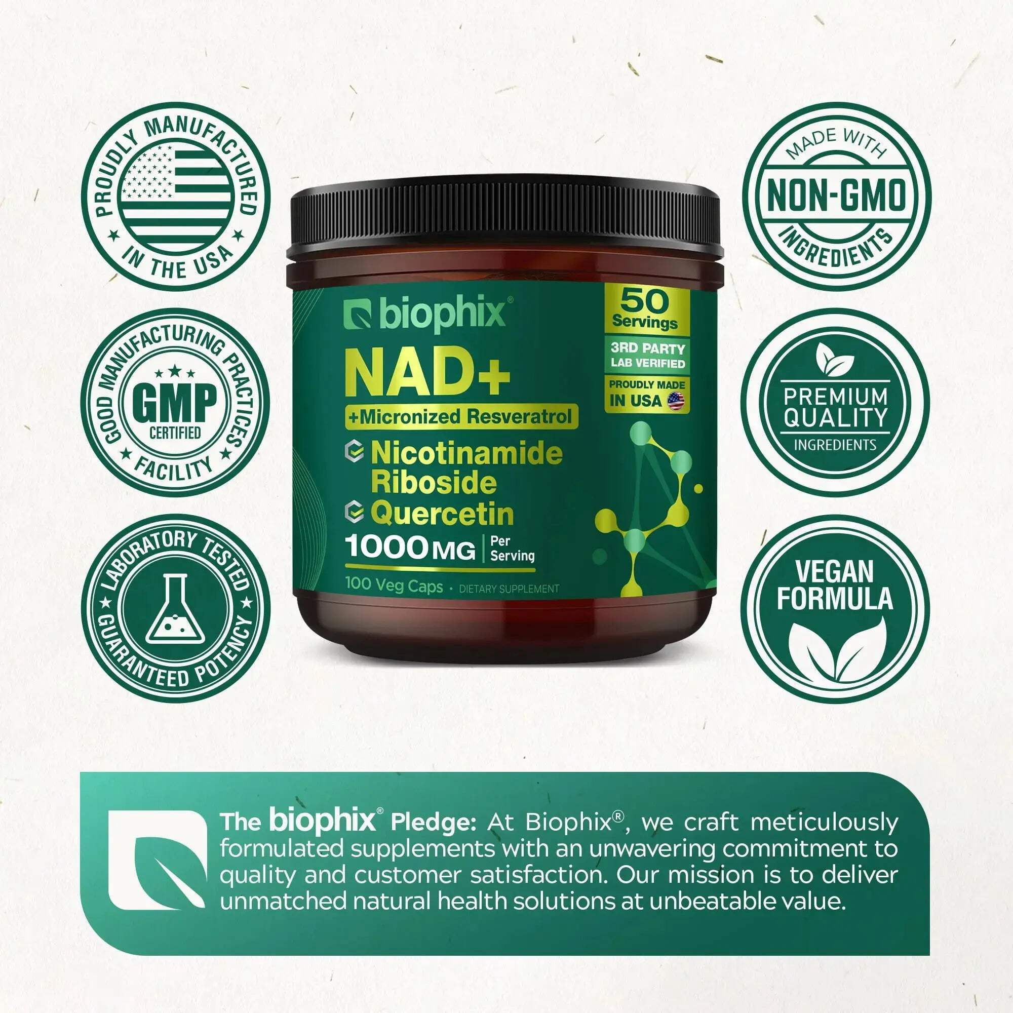 biophix NAD+ Micronized Resveratrol - Nicotinamide Riboside with Quercetin 1000mg per Serving 100 Veg Capsules