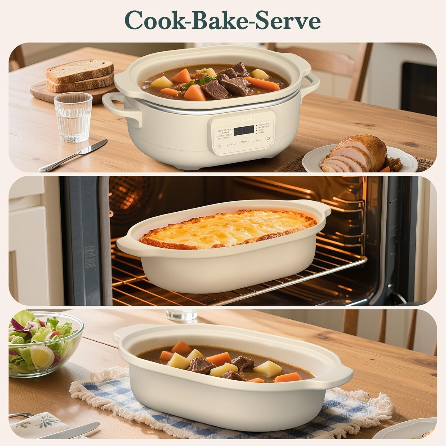 MAGNIFIQUE Programmable Claypot Oven Multi-Cooker with Wooden Spatula, Oatmeal, Multi-Functional Slow Cook, Braise, Sear, Pasta Cooking for Home Cooking