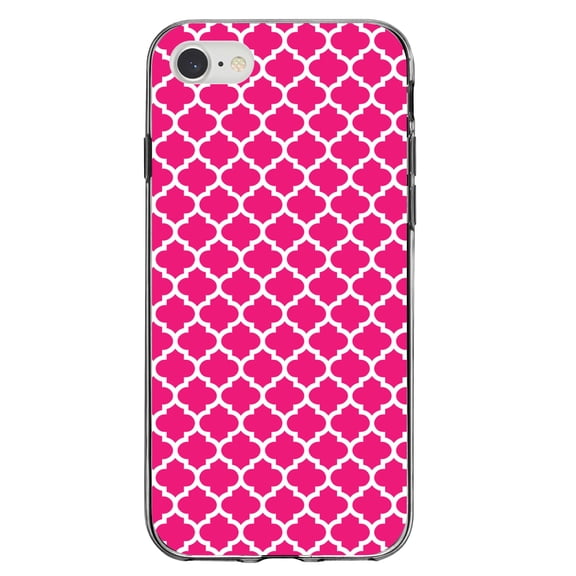 DistinctInk Clear Shockproof Hybrid Case for iPhone 7 8 SE (2020 Model) 4.7" Screen TPU Bumper Acrylic Back Tempered Glass Screen Protector - Hot Pink White Moroccan Lattice