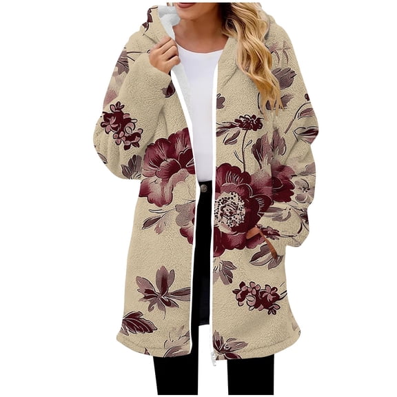 Kilaqueen Winter Jackets for Women Floral Print Fleece Fuzzy Long Sleeve Zip Up Hooded Knee Length Coat with Pockets Cozy Warm Outwear