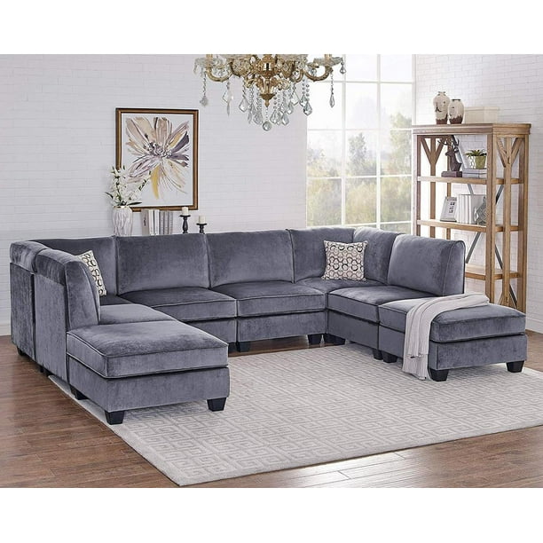 Lilola Home Simona Gray Velvet 8Pc Modular Sectional Sofa