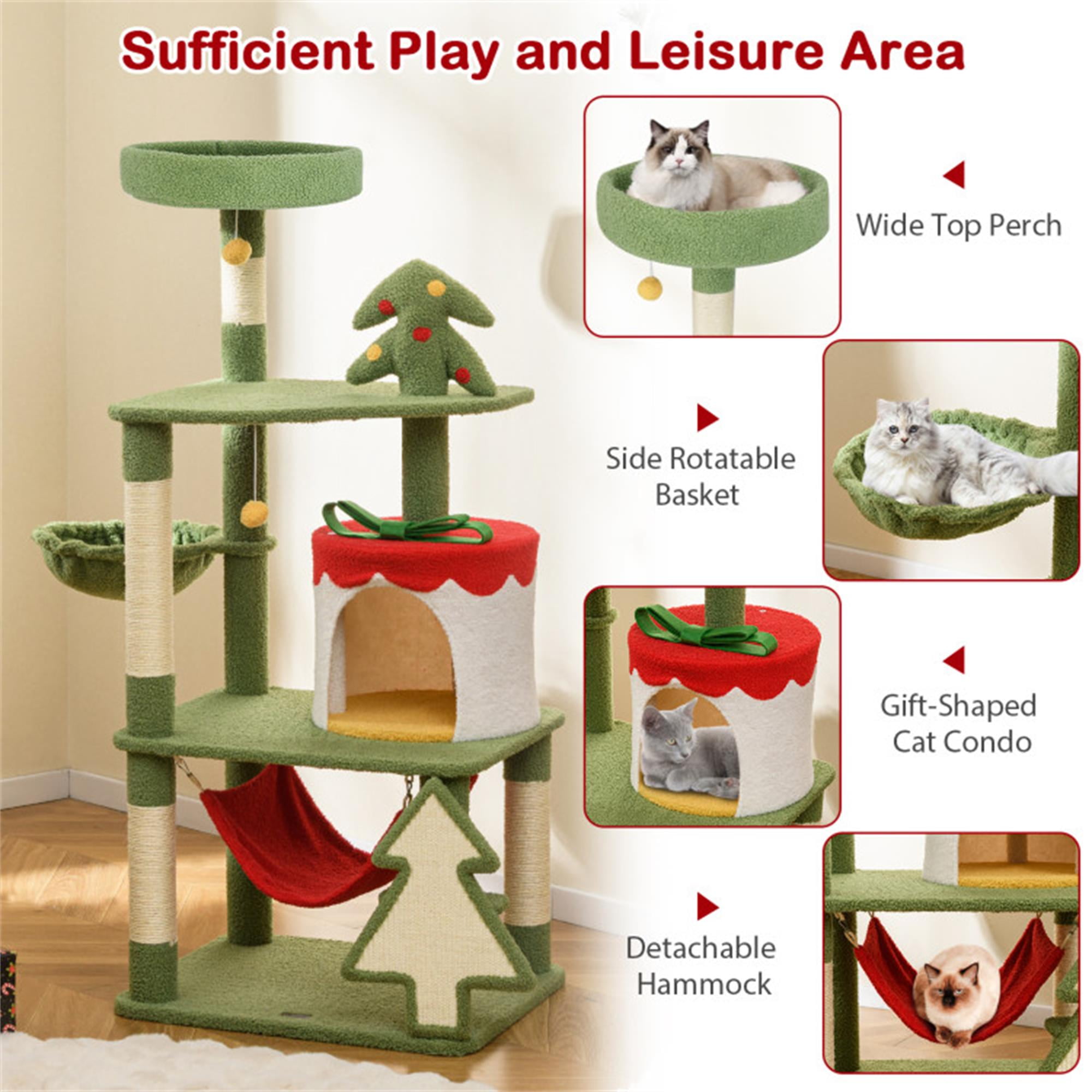 Kadyn 52" Christmas Decor Cat Tree Tower for Indoor Cats, Multi-Level Cat Climbing Tower with Cat Condos, Top Perches, Hammock, Green