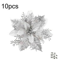 chaungfeng 10 Pcs Artificial Christmas Flowers, 5.5 Inch Glitter Flowers Plants Faux Flowers with 10 Pcs Clips, for Christmas Tree Ornaments, Xmas Wreath Party Home Decor(Silver)