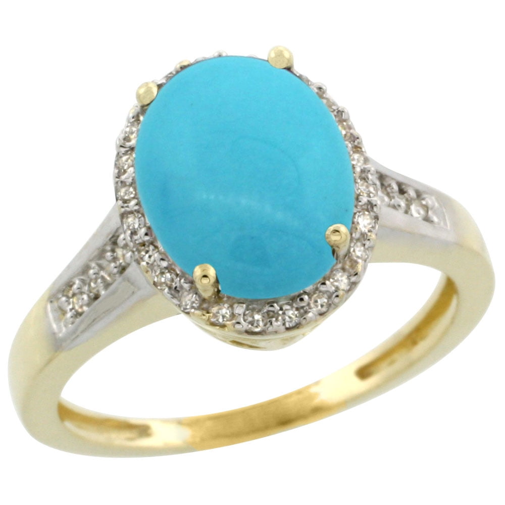 10K Yellow Gold Natural Diamond Sleeping Beauty Turquoise Ring Oval 10x8mm, sizes 5-10 by WorldJewels
