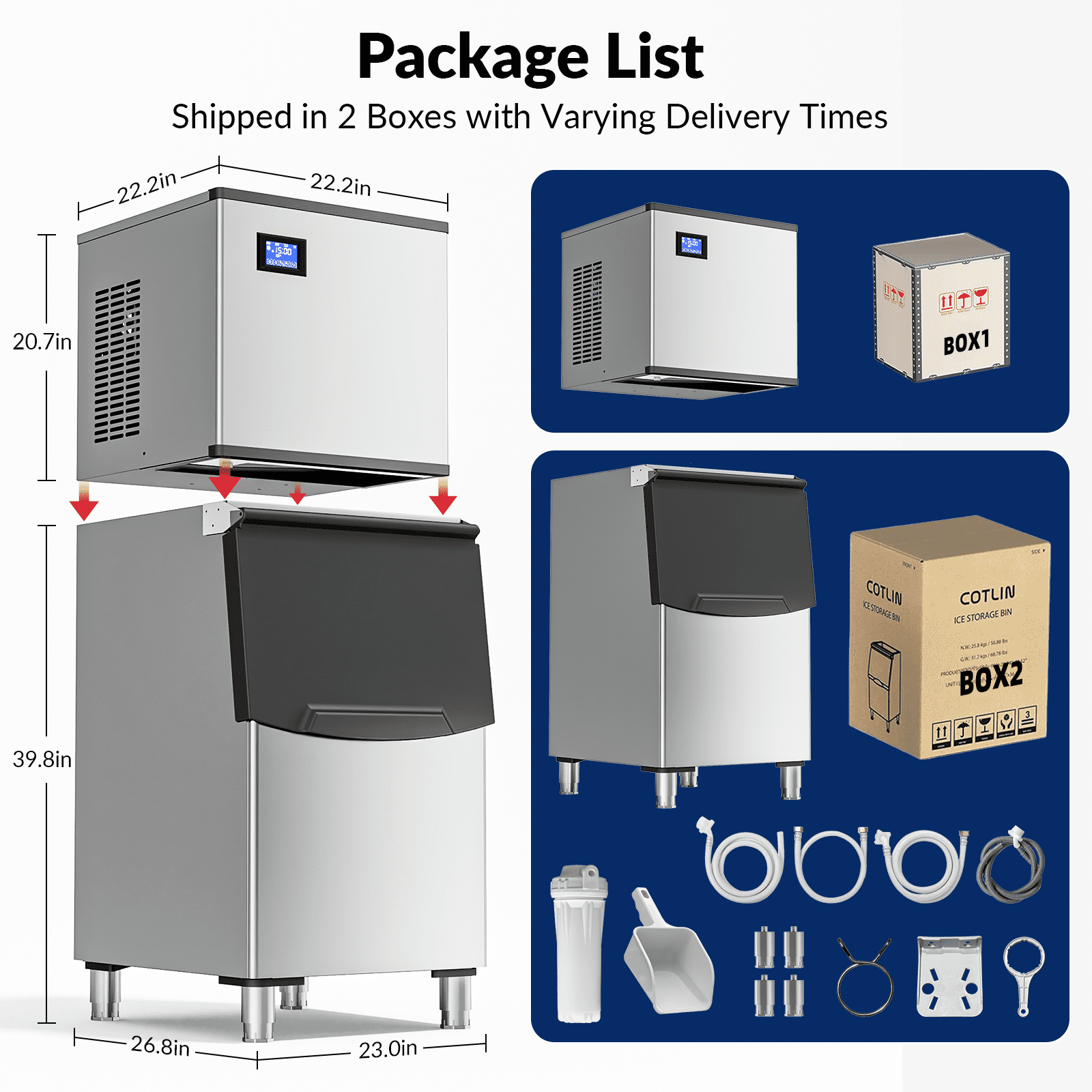 RIOXC Split Commercial Ice Maker Machine 650LBS/24H with 350lbs Ice Bin, Nugget Ice Makers Commercial, Clear Cube Pellet Ice Maker, Fast Ice Maker Ice-Ready in 8-15mins