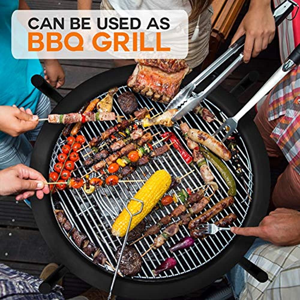SereneLife Outdoor Wood Fire Pit - Steel BBQ Grill Fire Pit Bowl with Mesh Spark Screen, Cover Log Grate, Wood Fire Poker for Camping, Picnic, & Bonfire