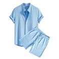 thumbnail image 2 of Mens Shorts and Shirt Outfits Summer Co Ord Set 2 Piece Short Sleeve Button Down Shirts & Short Pants with Pockets Vacation Beach Wedding Suits Solid Color Tracksuit Light Blue XXXL, 2 of 7