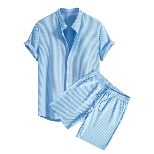 Conjunto de Pantalones Cortos Casuales de los Hombres, Moda de Color Sólido Manga Corta Solapa Superior Y Inferior para la Playa Y la Fiesta, Vestido de Verano de Poliéster Suave