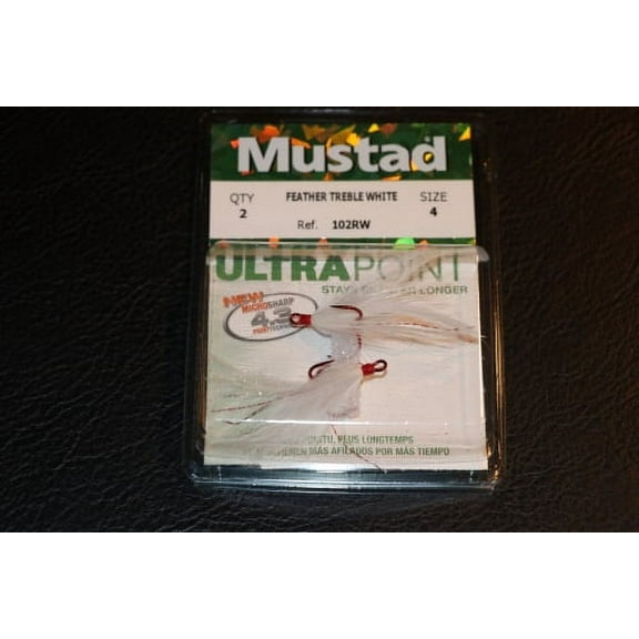 Mustad Dressed Treble Hooks 2ct Red Hook White Feather Size 4