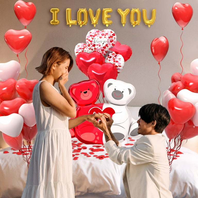 Valentines Day Balloons Kit, I Love You Balloons Love-Bear Heart Balloons Red Heart Balloons 500Pcs Red Rose Petals For Wedding Anniversary Valentines Party Decorations Supplies