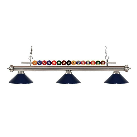 3 Light Billiard Light with Brushed Nickel Frame with Pool Balls Across The Top and Black Glass Dome Shades Bailey Street Home 372-Bel-1867665