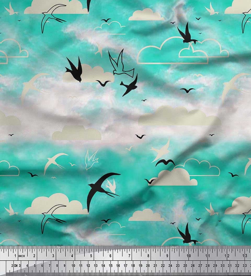 Soimoi Viscose Chiffon Fabric Clouds & Flying Swift Bird Print Fabric by Yard 42 Inch Wide