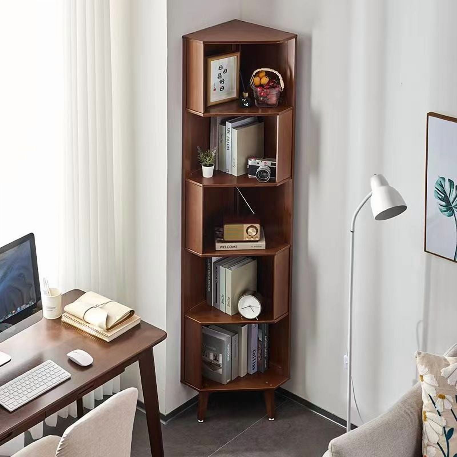 WILK 5-Tier Corner Bookshelf Bamboo Corner Bookcase, 71.5 Inch Tall Bookcase Cube,Wooden Open Storage Book Shelves Display Rack for Living Room, Home Office, Bedroom,Brown