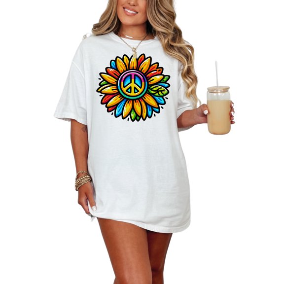 Retro Flower Peace Symbol T-Shirt, Vintage Hippie Graphic Tee, Colorful Boho Sunflower Shirt, Groovy 60s 70s Style Apparel, White Comfort Colors T-Shirt, Small
