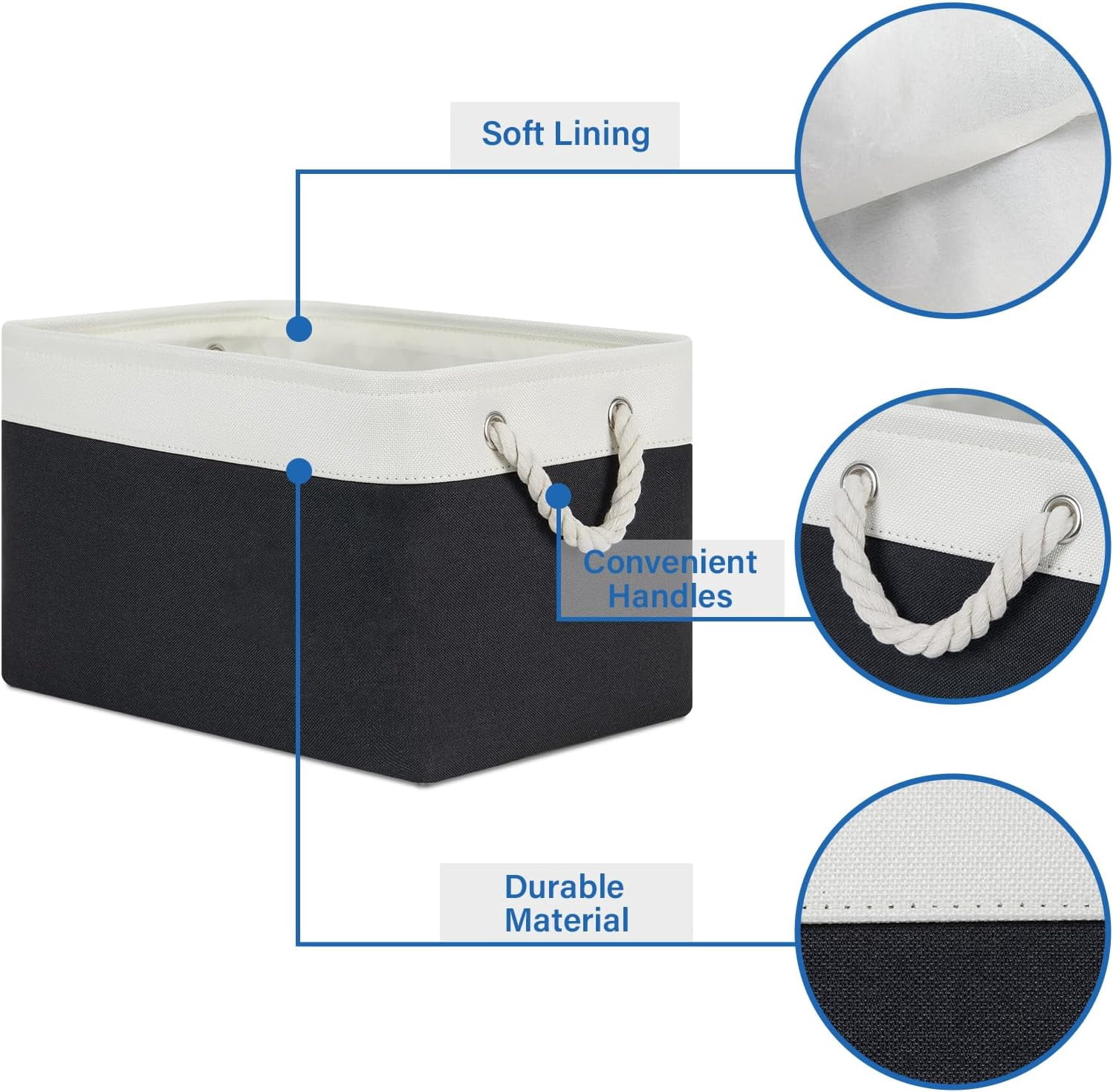 Fabric Storage Baskets 4Pack Storage Bins Decorative Basket for Gift, Clothes Bin with Rope Handle, Rectangle Baskets for Storage, Blankets(White&Black,15x11x9.5 inch)