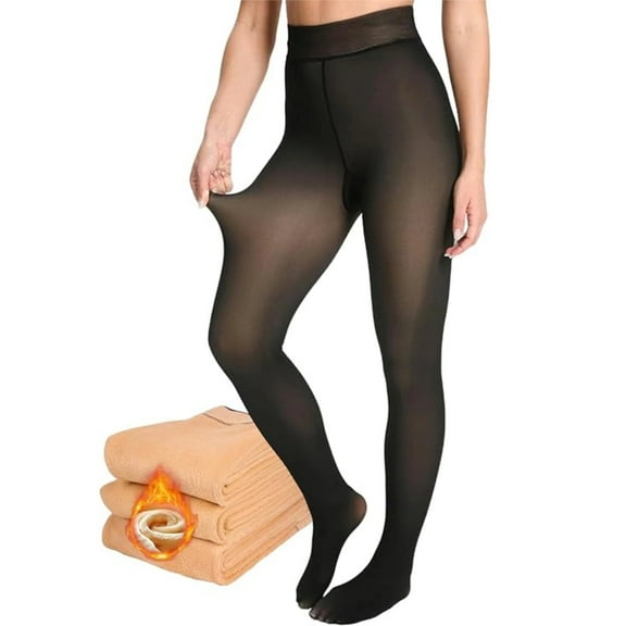 Fleece Lined Tights Women, Fake Translucent Thermal Tights for Women, Warm Pantyhose Sheer Thick leggings for Winter,Black M