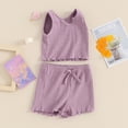 thumbnail image 2 of Toddler Baby Girl Summer Outfit Solid Color Sleeveless Tank Crop Tops and Ruffle Trim Shorts Sets Casual Cute Clothes, 2 of 7