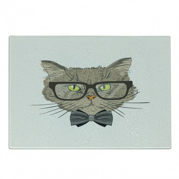 Geek Cutting Board, Portrait Drawing of a Cat with Bowtie and Glassess with Urban Style Hipster Look Theme, Decorative Tempered Glass Cutting and Serving Board, Small Size, Multicolor, by Ambesonne