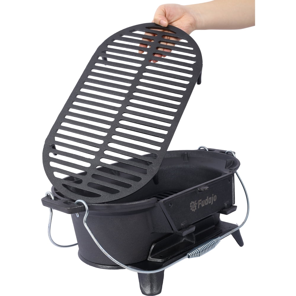 Portable Cast Iron Grill - Dual-Use Rectangle Hibachi & Tabletop Skillet, Enameled Outdoor Charcoal Grill for Camping/Tailgating