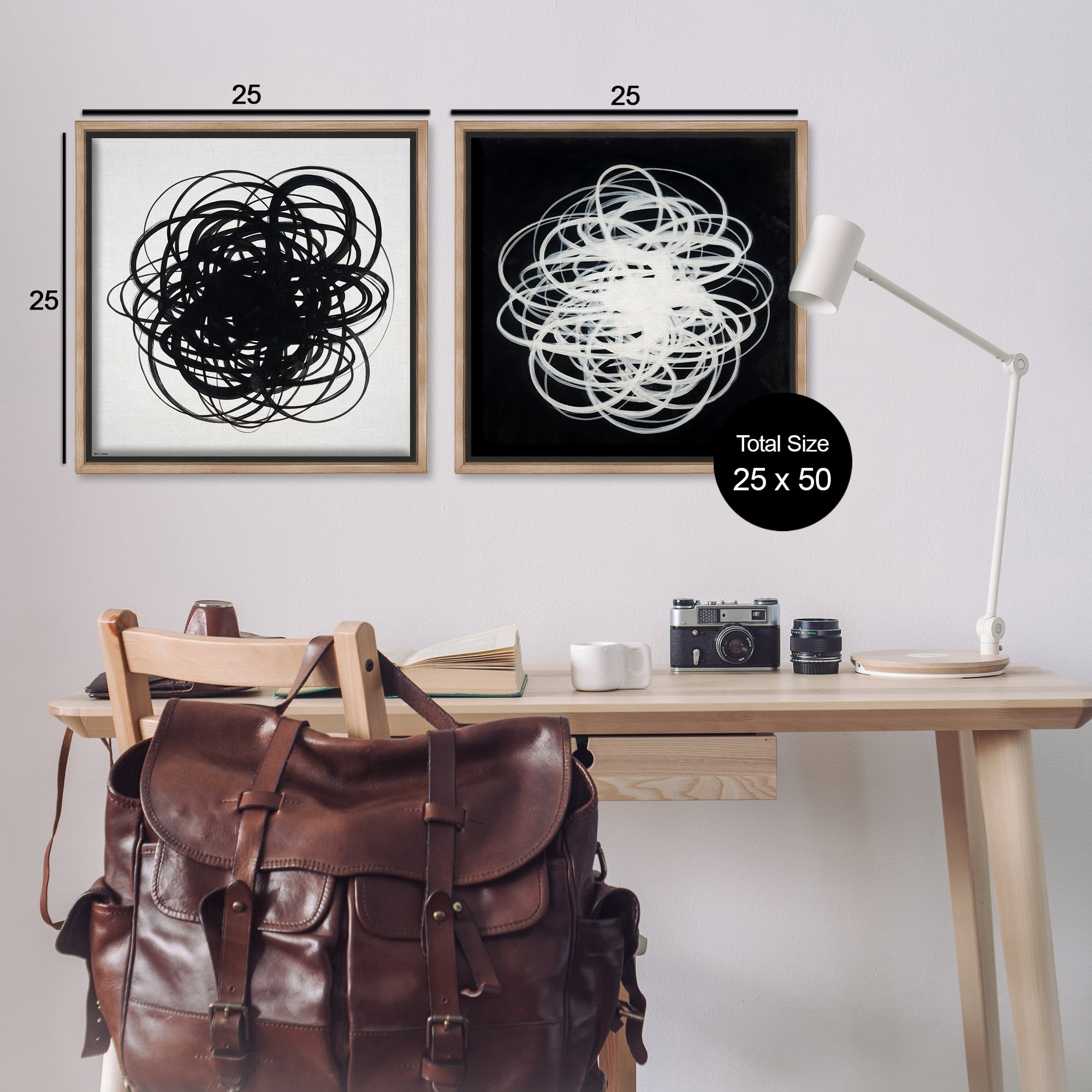 Stupell Industries Black & White Tangled Lines Abstract Painting Brown Floater Framed Canvas Art Print Wall Art, 25 x 25, Set of 2
