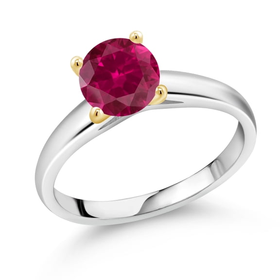 Gem Stone King 1.55 Ct 7mm Round Red Created Ruby 10K White and Yellow Gold Ring Ring (Size 8)