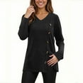 thumbnail image 3 of XPMWRP Women's Fall Fashion Long Sleeve Solid Color Shirt Dressy Casual V Neck Button Blouse Sweater Ribbed Knit Split Tunic Tops Black XXL, 3 of 7