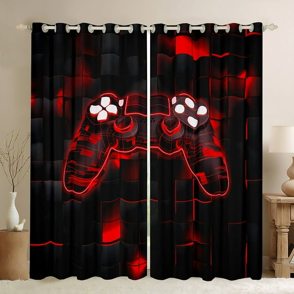 YST Game Blackout Curtains for Boys,Gaming Curtains 42"X63",Kids Gamer Window Curtains & Drapes Neon Lights Gamepad Darkening Curtains for Bedroom,Geometry Grid Window Treatments,Red Black