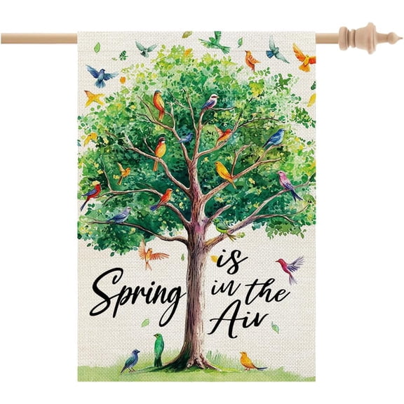 Spring Tree House Flag Birds Double Sided 28x40 Inches Large Burlap Holiday Seasonal Yard Decoration for Outside Porch CF1742-40