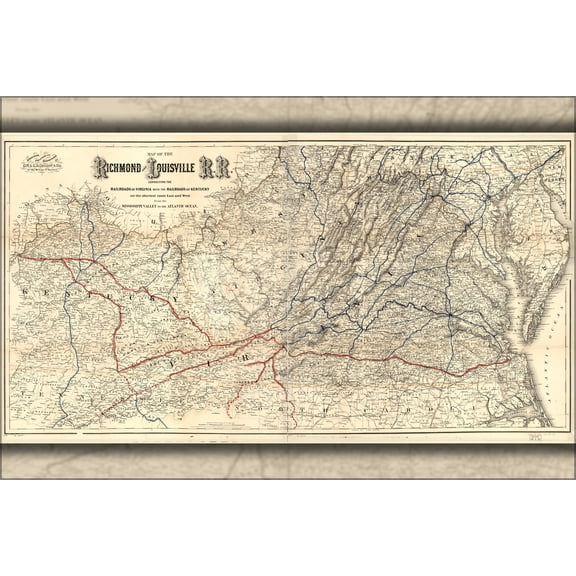 24"x36" Gallery Poster, Map of the Richmond and Louisville Railroad 1882