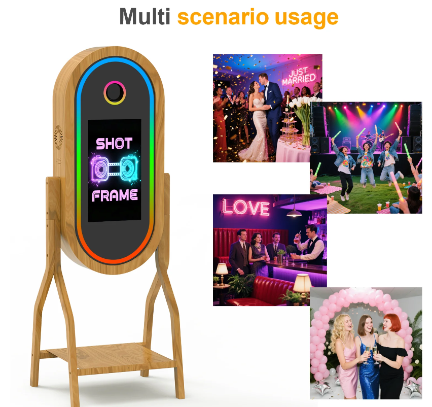 Mirror Photo Booth 50'' Wooden Magic Mirror Photo Booth with 21.5'' Interactive Touch Screen Built-in i5 Mini PC Suitable for Photography Needs in Various Locations