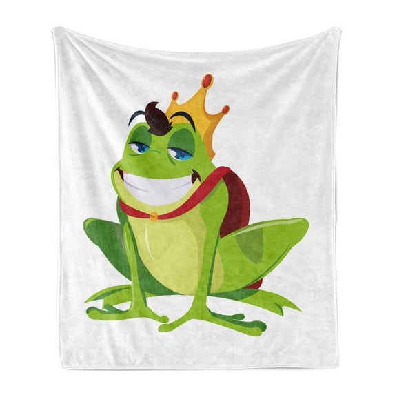 Crown Soft Flannel Fleece Throw Blanket, Cartoon Style Illustration of a Happy Smiling Fairytale Character Prince Frog, Cozy Plush for Indoor and Outdoor Use, 50" x 60", Multicolor, by Ambesonne