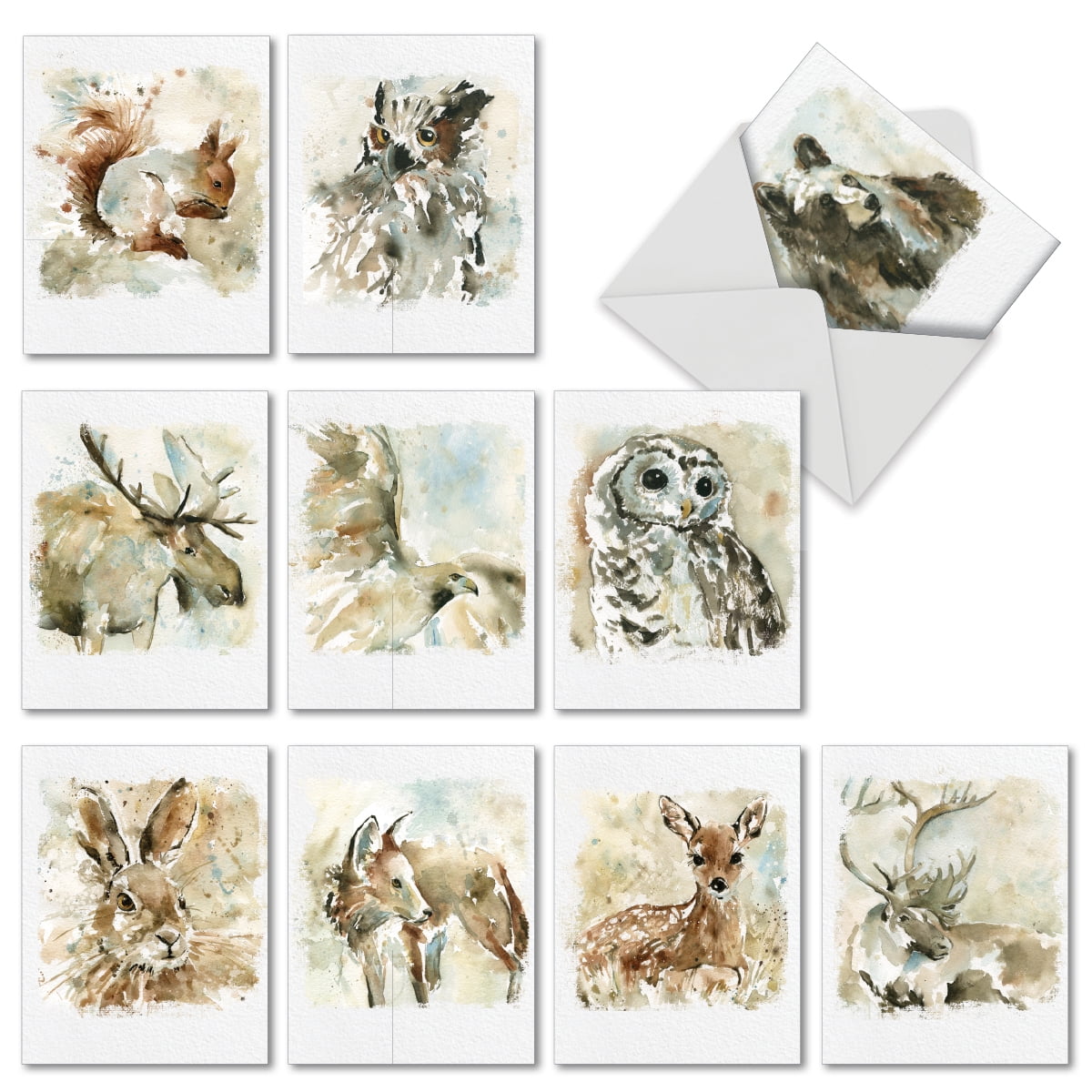 10 Assorted Watercolor Cards Blank (4 x 5.12 Inch) - Beautiful Animal